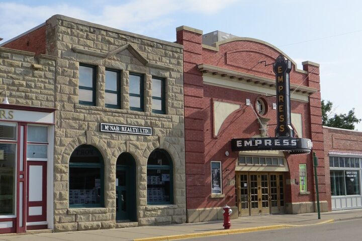 Historic Empress Theatre and neighbouring storefronts in Fort Macleod, Alberta