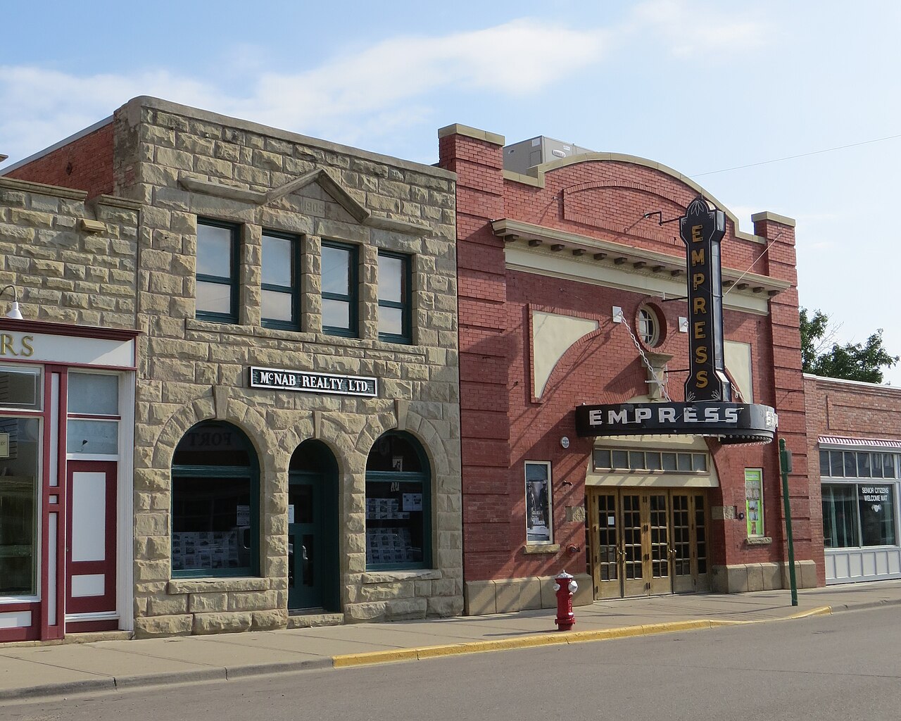 Historic Empress Theatre and neighbouring storefronts in Fort Macleod, Alberta